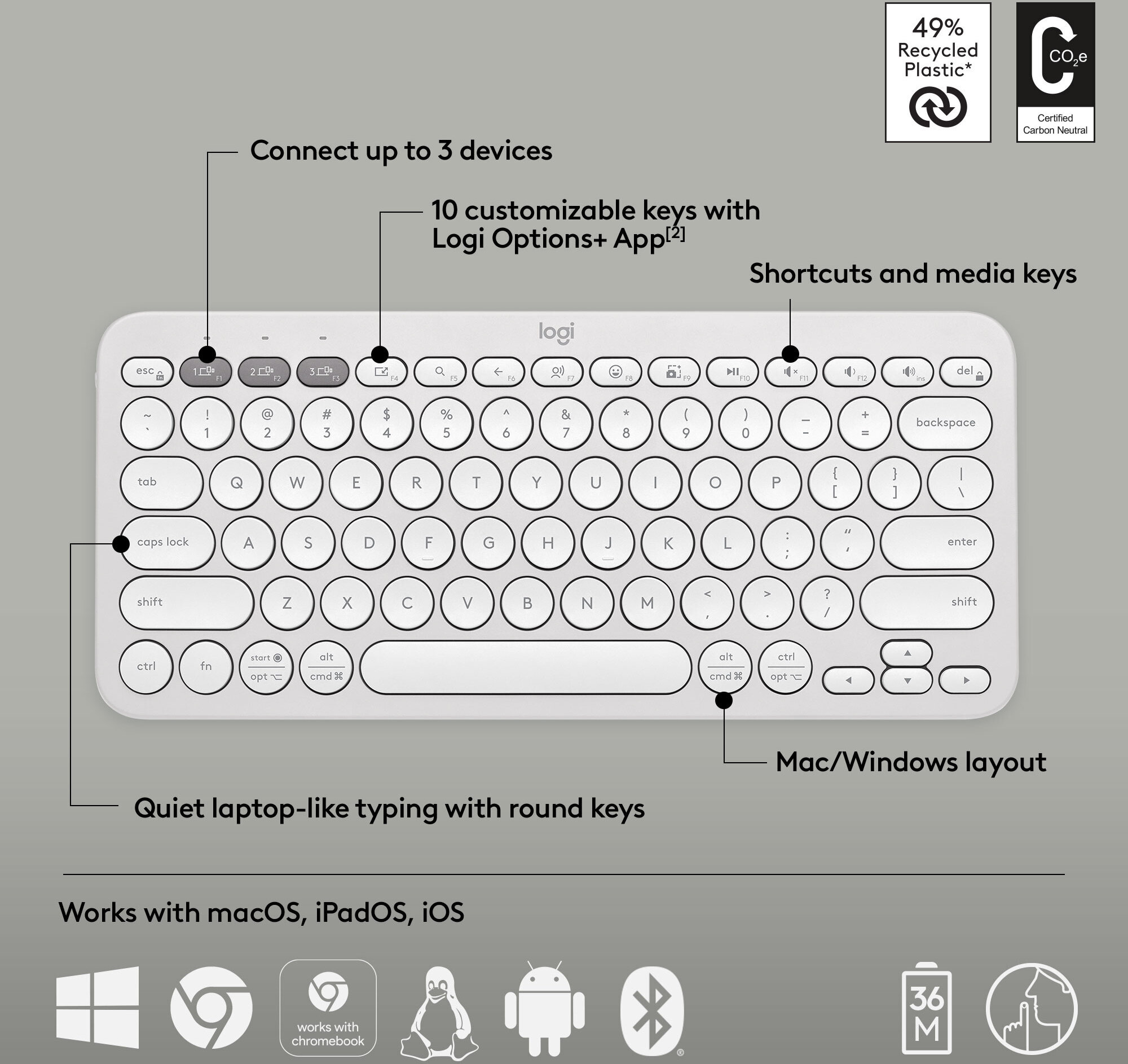 Logitech Pebble Keys 2 K380s -näppäimistö, valkoinen