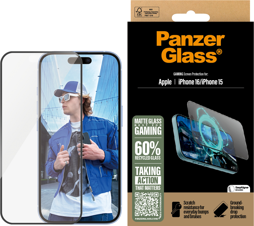 PanzerGlass Gaming Ultra-wide Fit with Aligner -panssarilasi, iPhone 16 / 15