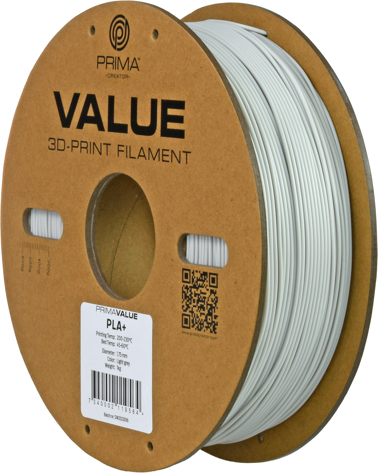 PrimaValue PLA+ -filamentti 3D -tulostimeen, 1.75 mm, vaaleanharmaa
