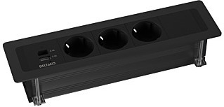 DELTACO upotettava virtapaneeli, 3 pistoras., 1x21W A+C USB-laturi, GST18, ketjutus