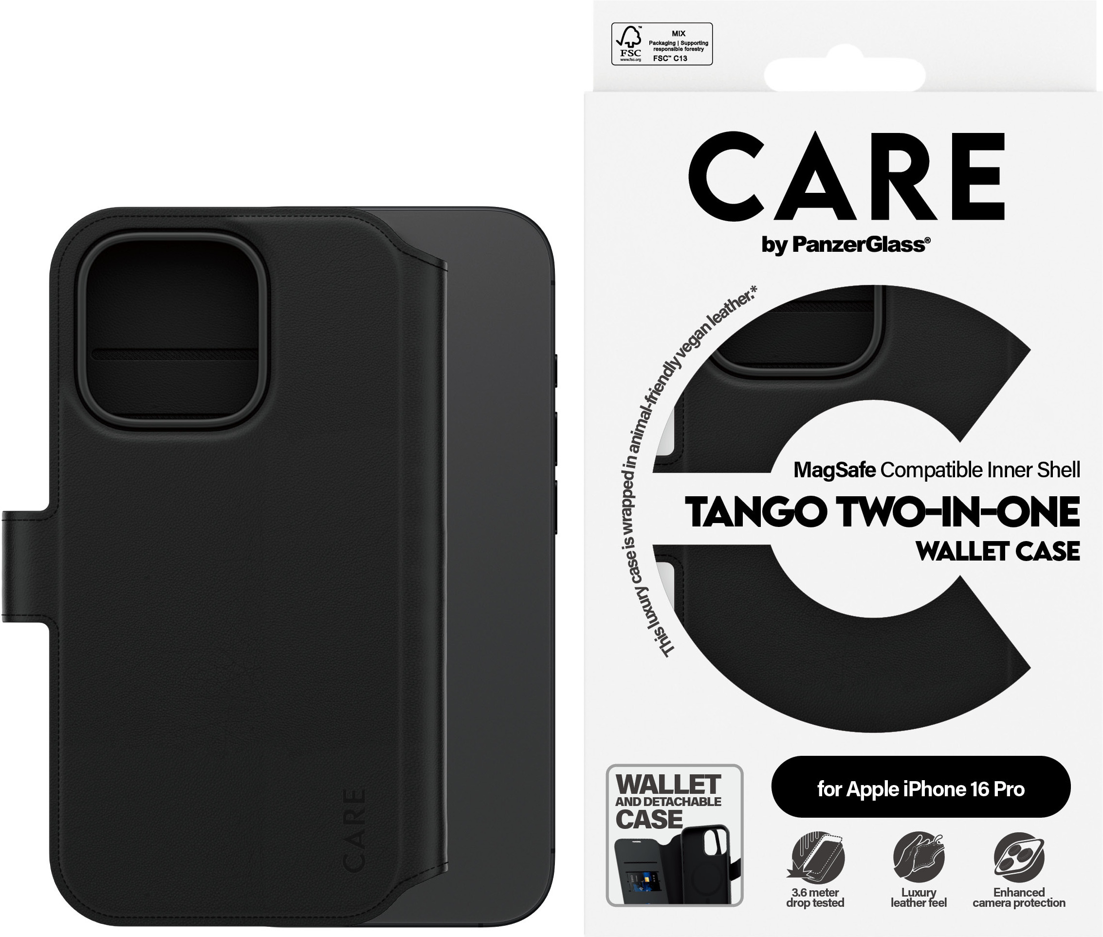 CARE by PanzerGlass Tango Two-in-One Wallet Case MagSafe-yhteensopiva -lompakkokotelo, Apple iPhone 16 Pro, musta