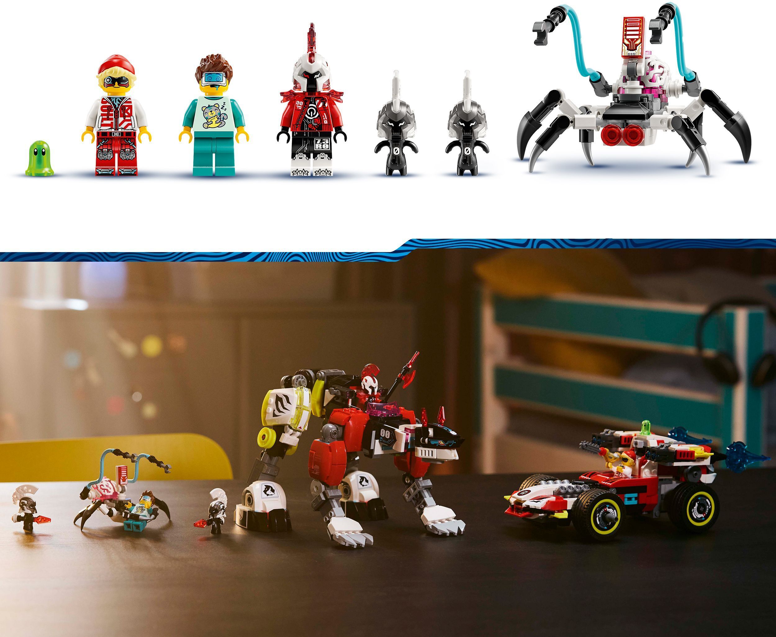 LEGO DREAMZzz 71497 – Cooperin tiikerirobotti ja Zeron hot rod ‑auto
