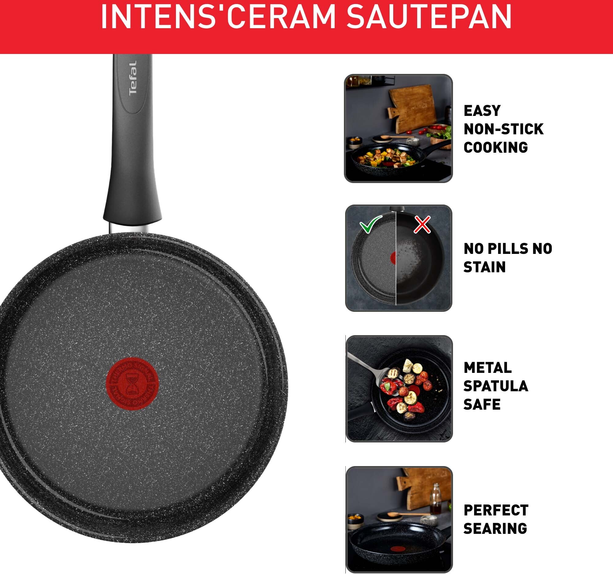 Tefal Intens'Ceram -paistokasari lasikannella 24 cm/3,2 L, musta