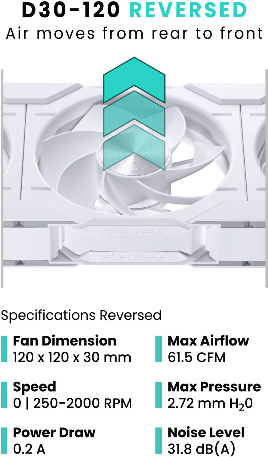 Phanteks D30-120 Reversed Airflow D-RGB PWM -tuuletin, musta, 120 mm, 3 kpl