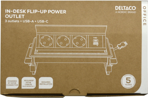 DELTACO upot. virtapaneeli, ylös ponn., 3 pistoras., 1x21W A+C USB-laturi, GST18-liitäntä