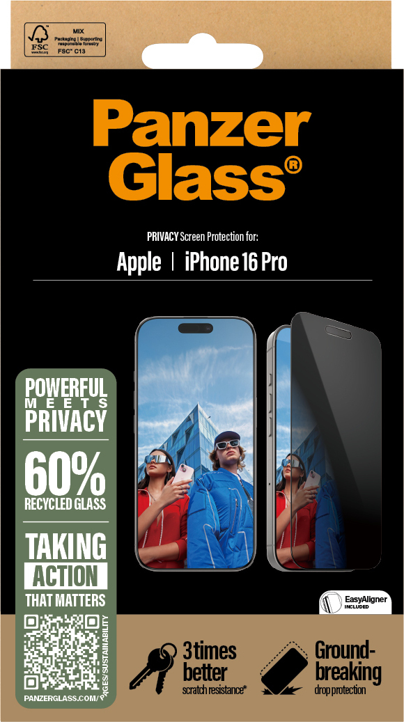 PanzerGlass Privacy Ultra Wide Fit -panssarilasi, iPhone 16 Pro, musta kehys