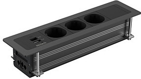 DELTACO upotettava virtapaneeli, 3 pistoras., 1x21W A+C USB-laturi, GST18, ketjutus