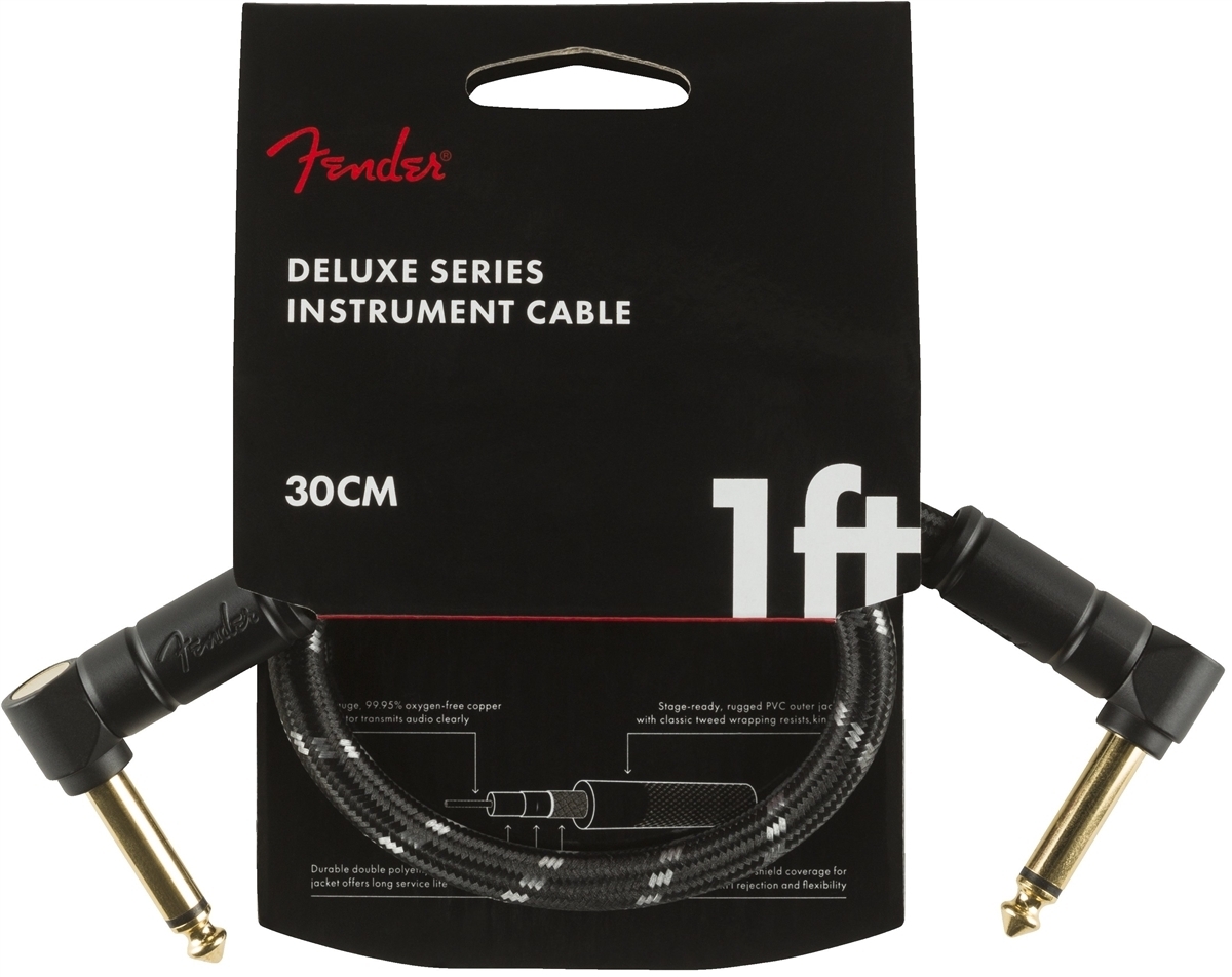 Fender Deluxe -instrumenttikaapeli kulmaliittimillä, 30 cm, Black Tweed