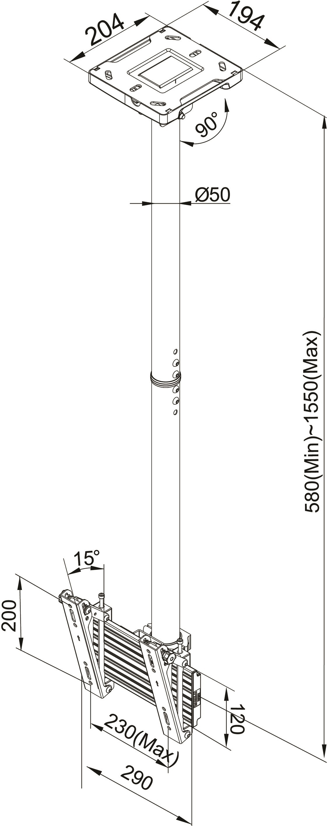 Multibrackets M Ceiling Mount Pro 1U VESA 200 -kattokiinnike 24-42" näytöille