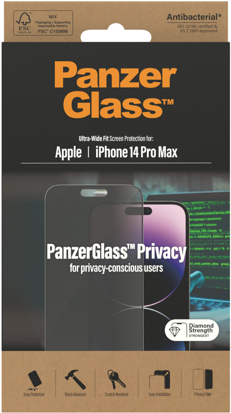PanzerGlass Ultra Wide Fit Privacy -panssarilasi, iPhone 14 Pro, musta kehys