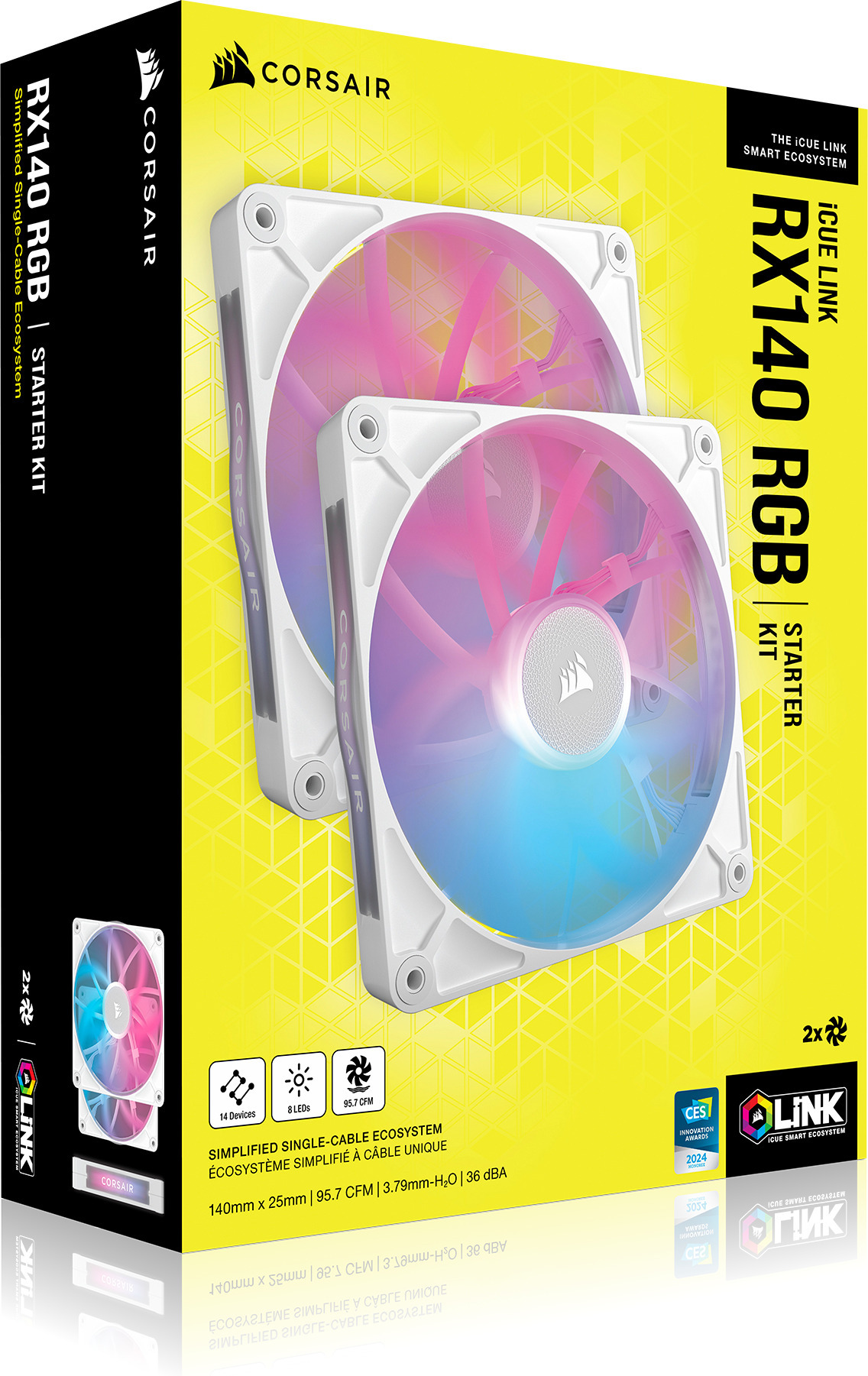 Corsair iCUE LINK RX140 RGB PWM Starter Kit -tuuletin, valkoinen, 140 mm, 2 kpl