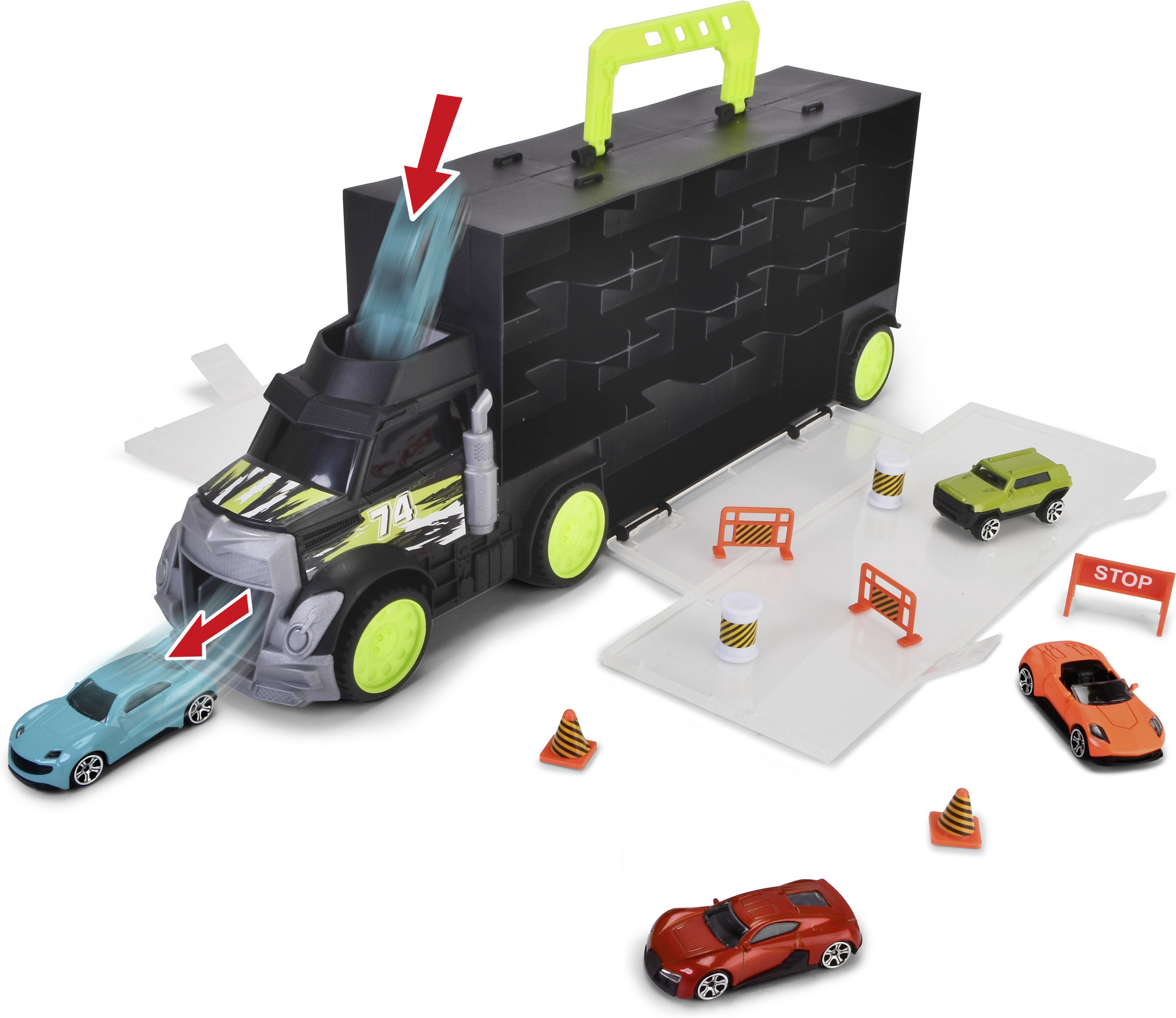 Dickie Toys -autonkuljetusrekka ja 4 pikkuautoa