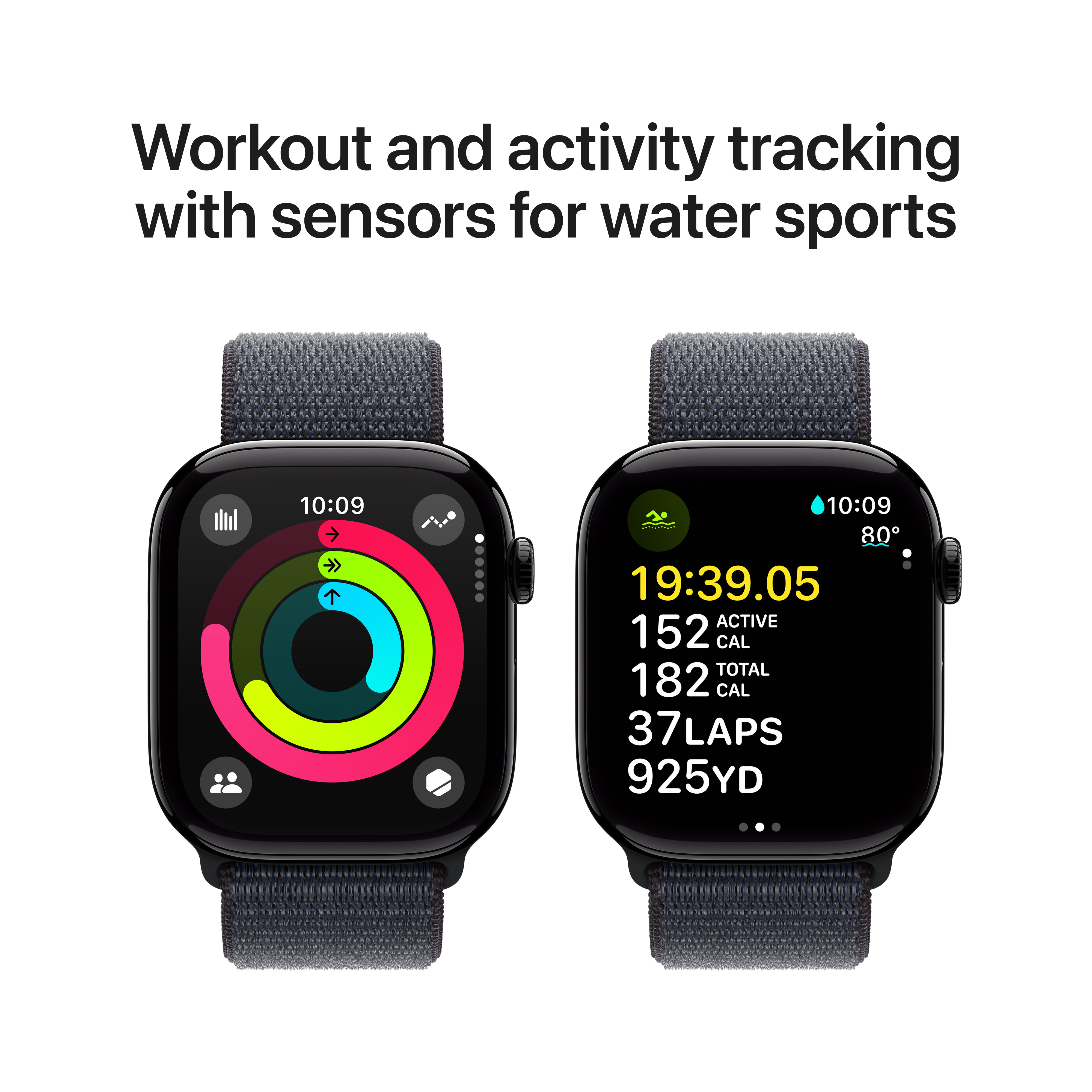 Apple Watch Series 10 (GPS) 46 mm peilimusta alumiinikuori ja musteenvärinen Sport Loop -ranneke (MWWR3)
