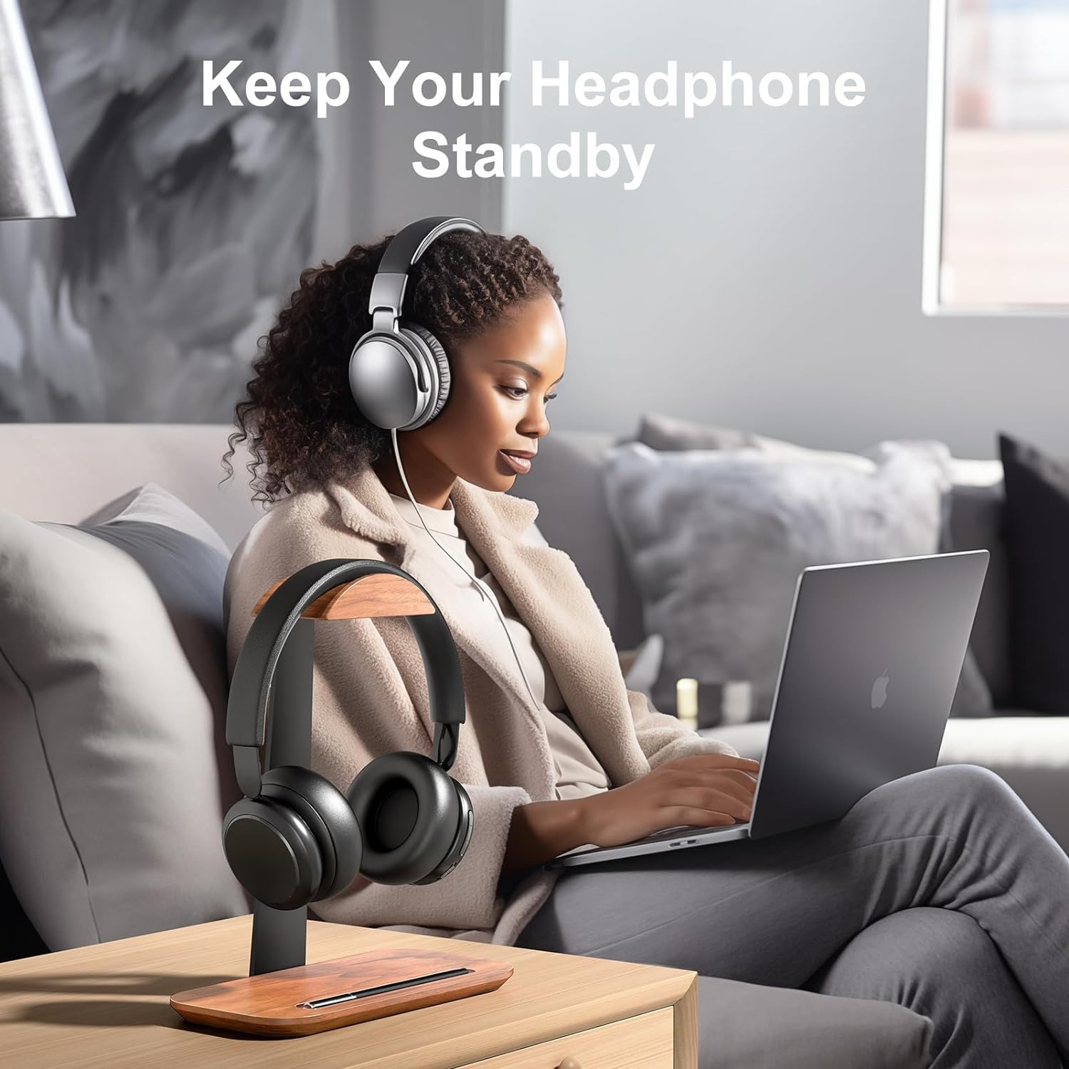 ErgoWork Hickory Headphone Stand -kuuloketeline, tumma pähkinäpuu