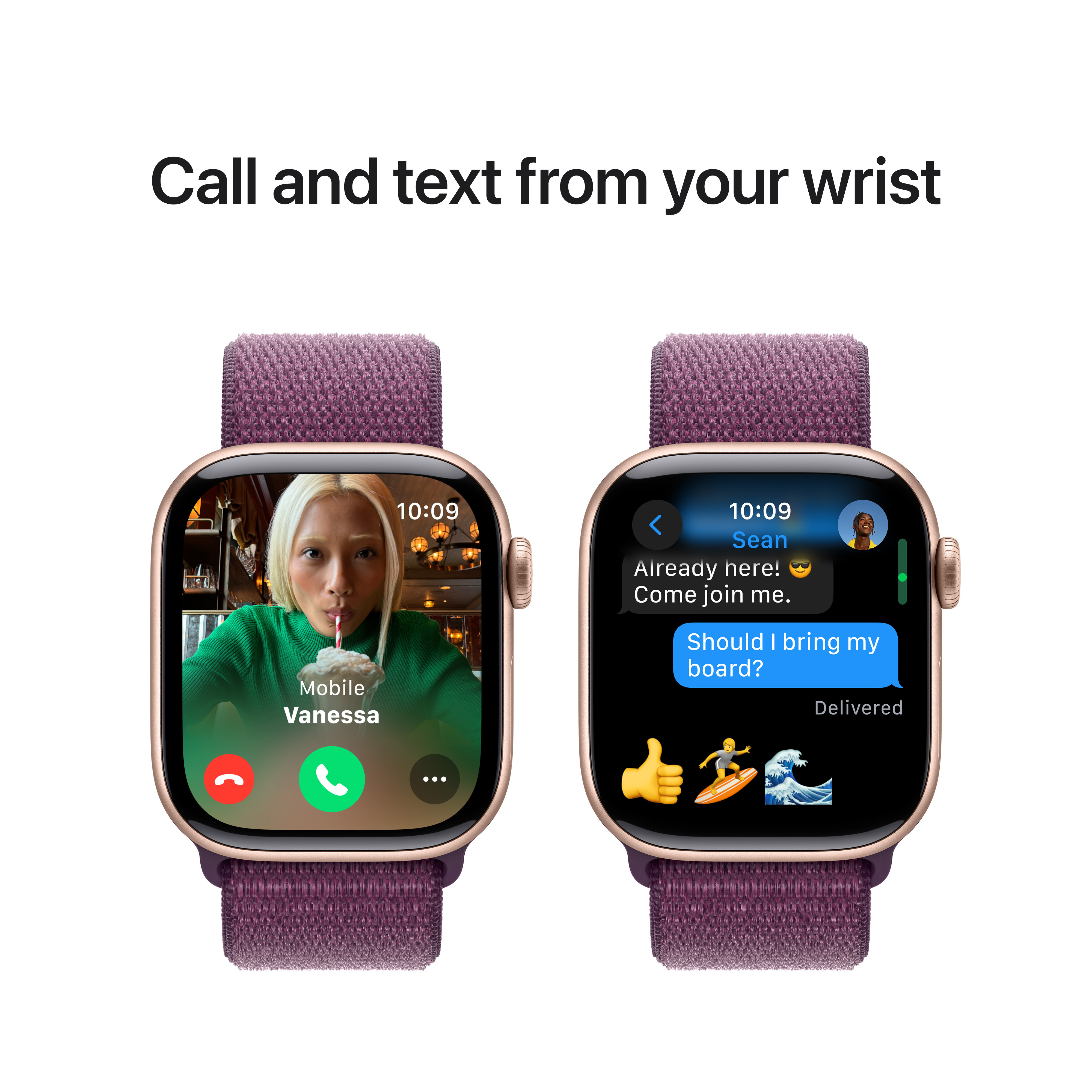Apple Watch Series 10 (GPS) 42 mm ruusukulta alumiinikuori ja luumunvärinen Sport Loop -ranneke (MWWK3)