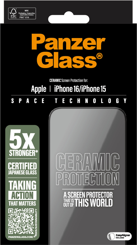 PanzerGlass Ultra-wide Fit Ceramic -panssarilasi, iPhone 16 / 15, musta