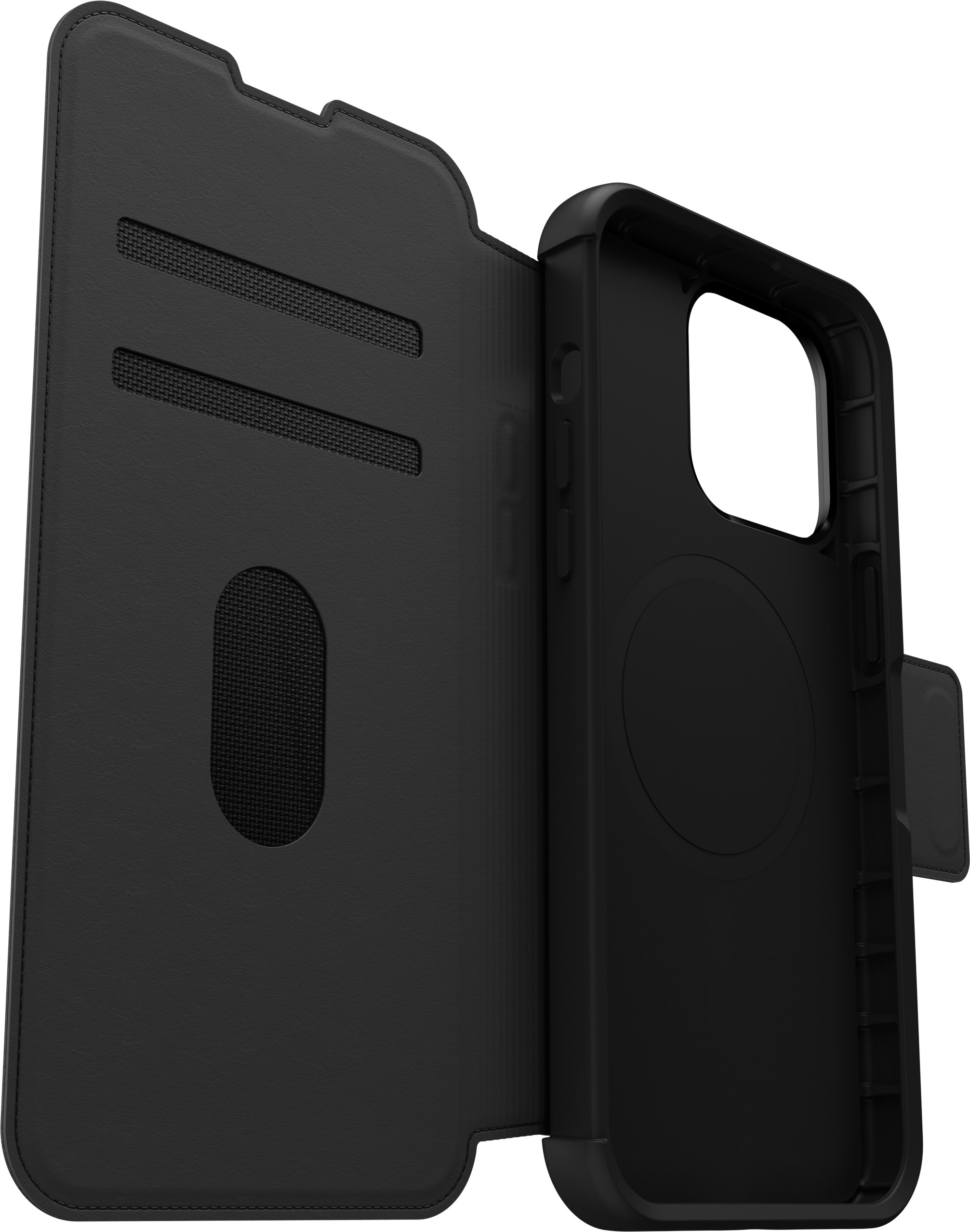 Otterbox Strada MagSafe -lompakkokotelo, iPhone 15 Pro Max, musta