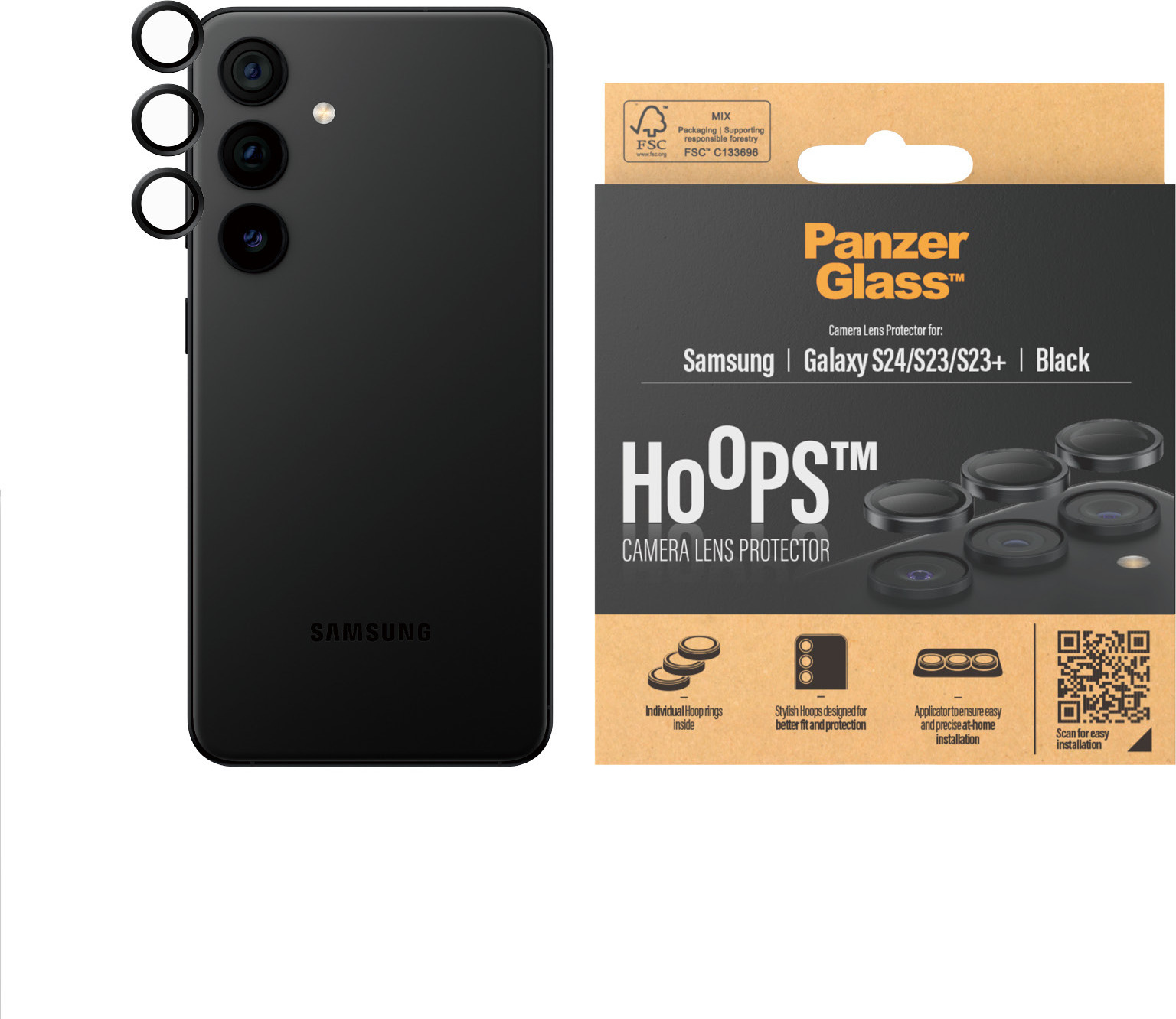 PanzerGlass Hoops -kameran linssinsuoja, Samsung Galaxy S24, musta