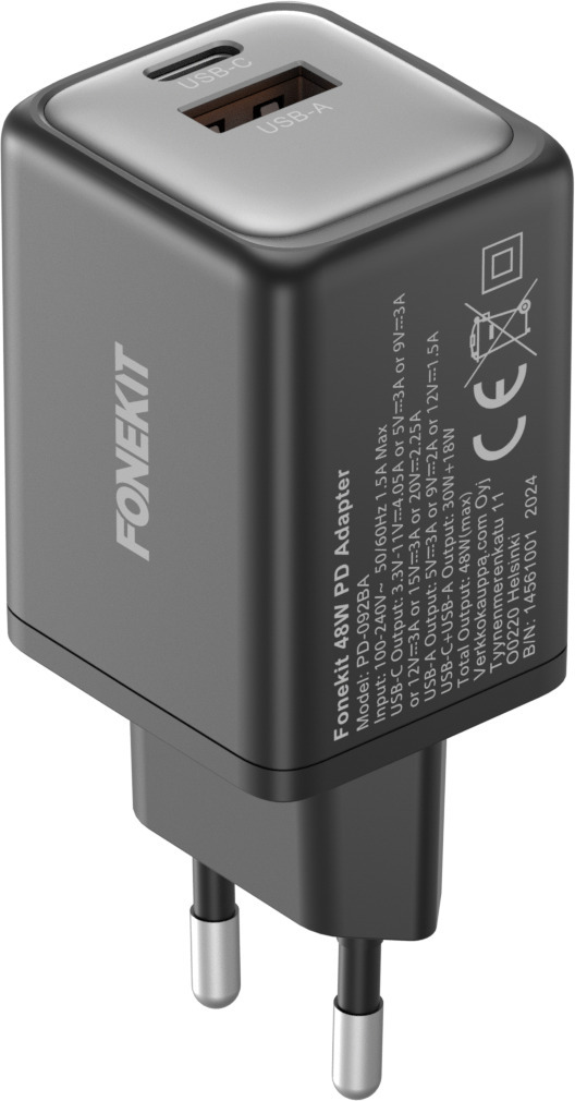 FoneKit GaN PD 48W -verkkovirtalaturi, USB-C + USB-C, valkoinen