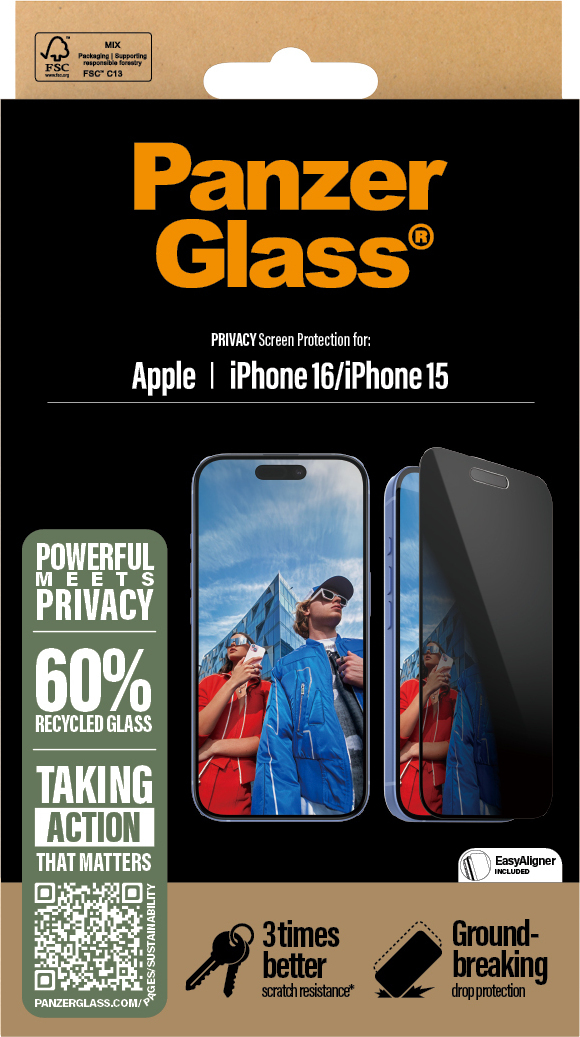 PanzerGlass Privacy Ultra Wide Fit -panssarilasi, iPhone 16 / 15, musta kehys