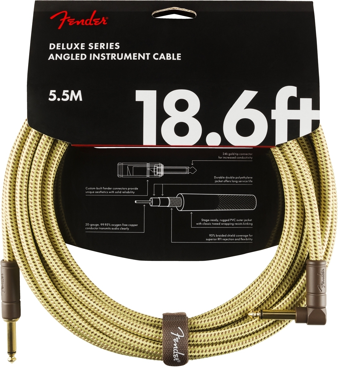 Fender Deluxe -instrumenttikaapeli kulmaliittimellä, 5,5m, Tweed