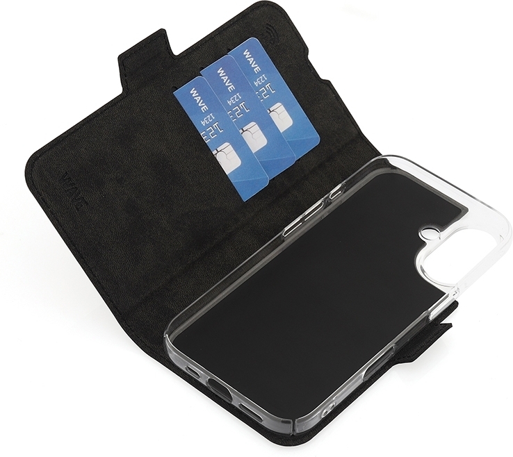 Wave BookCase -suojakotelo, MagSafe-yhteensopiva, Apple iPhone 16, musta