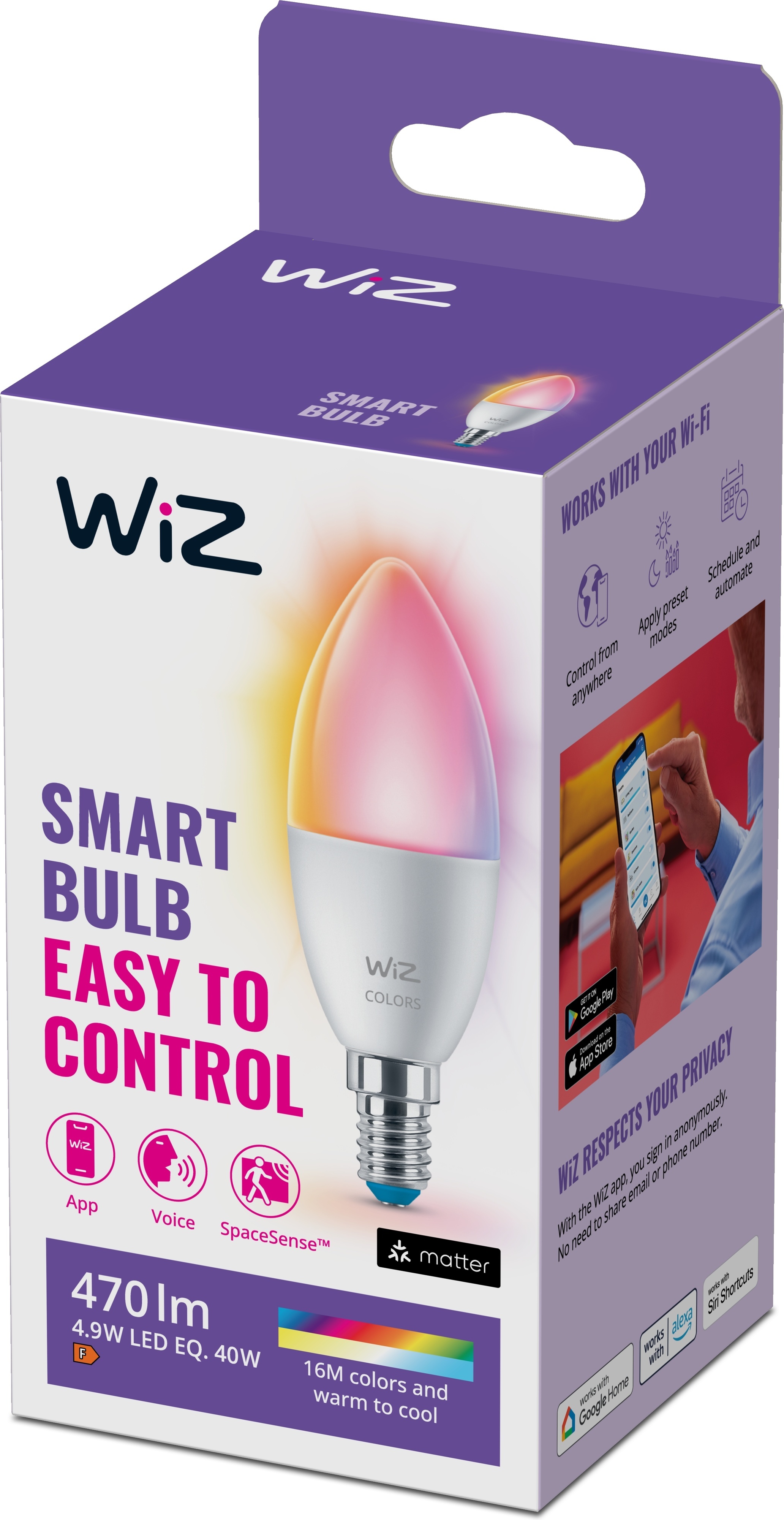 WiZ älylamppu, E14, tunable white - valkoisen valon sävyt, Wi-Fi, 2700-6500 K, 470 lm