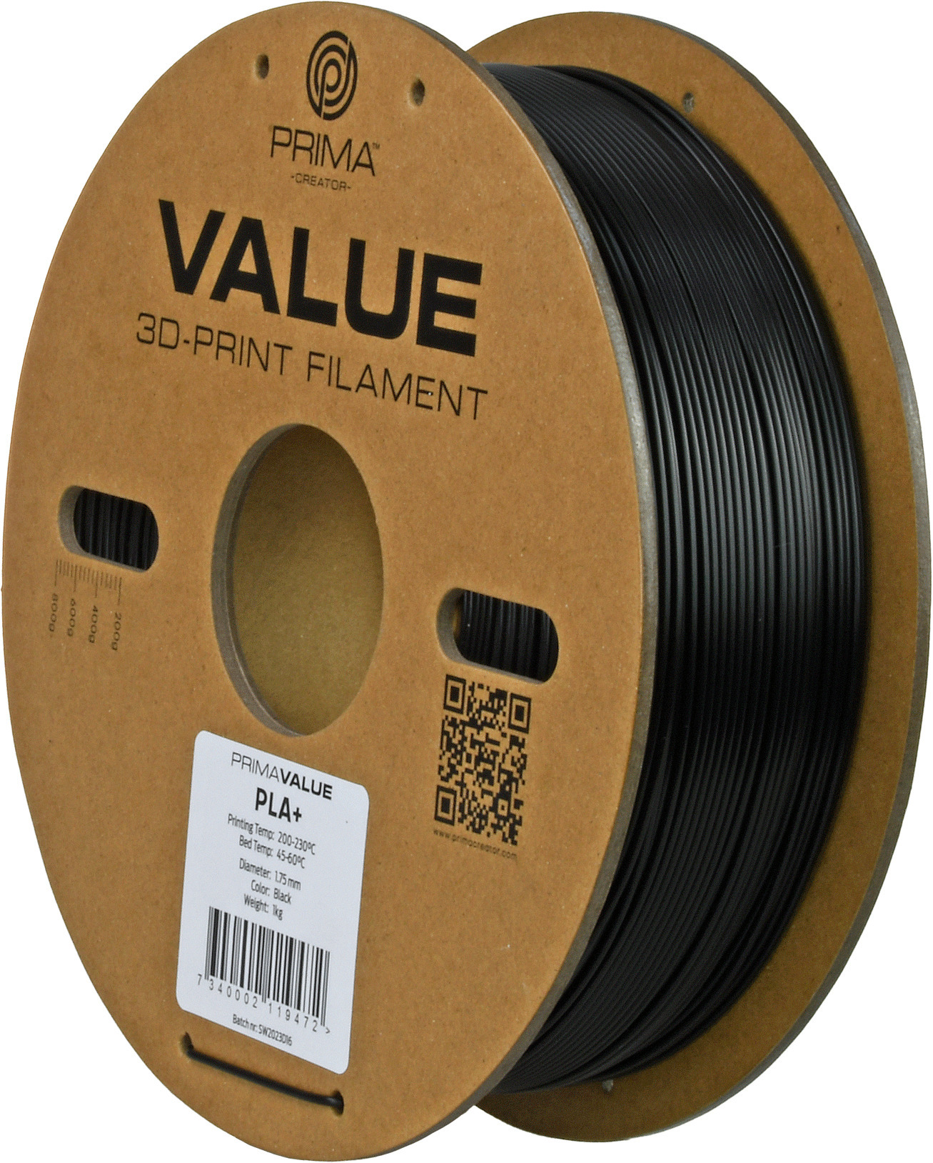 PrimaValue PLA+ -filamentti 3D -tulostimeen, 1.75 mm, mattamusta