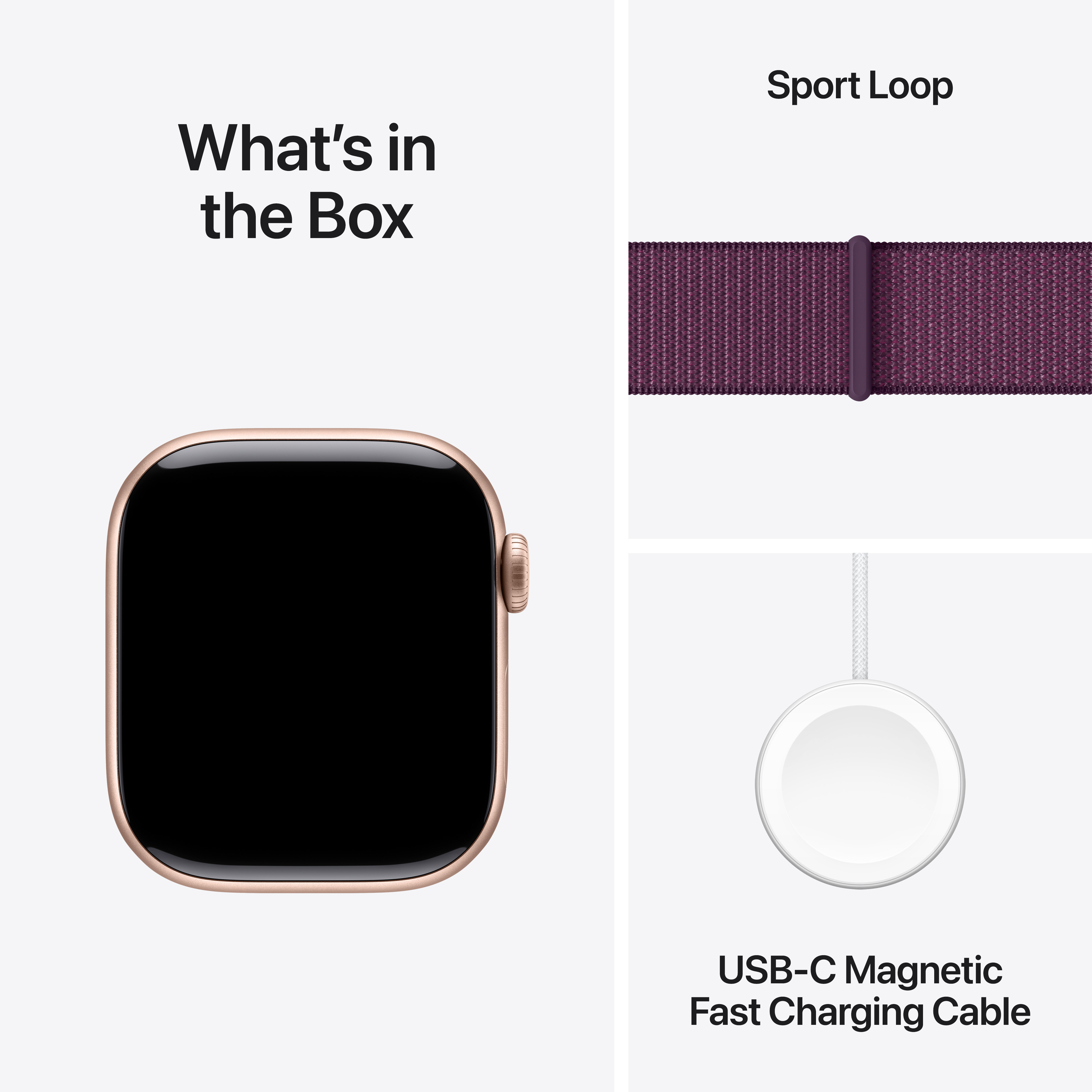 Apple Watch Series 10 (GPS) 42 mm ruusukulta alumiinikuori ja luumunvärinen Sport Loop -ranneke (MWWK3)