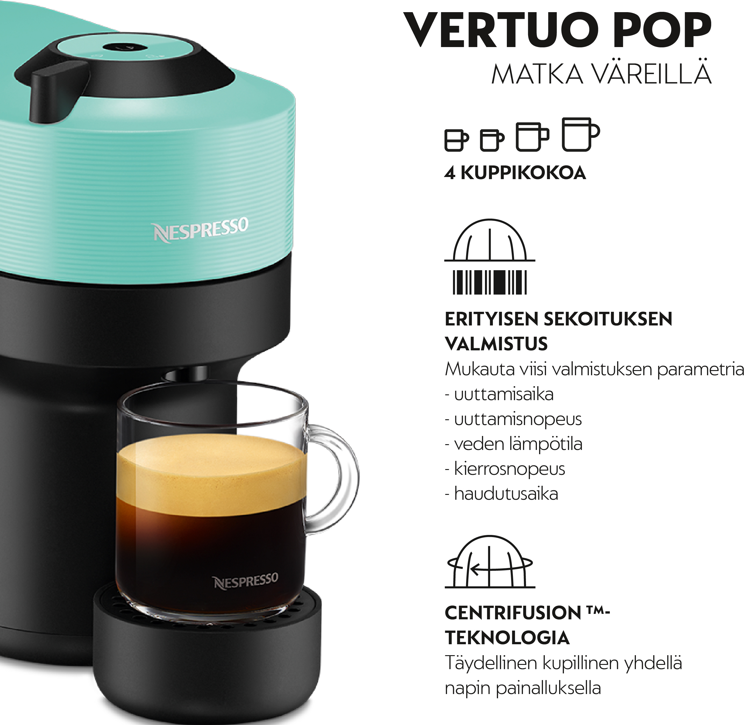 Nespresso Vertuo POP XN920410WP -kahvikapselikone, vihreä/musta