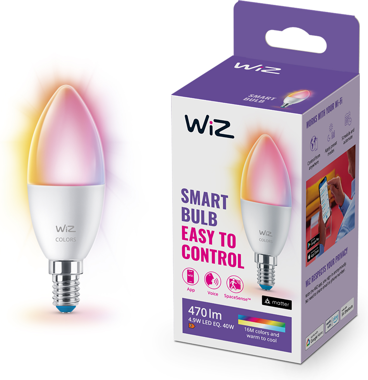 WiZ älylamppu, E14, tunable white - valkoisen valon sävyt, Wi-Fi, 2700-6500 K, 470 lm