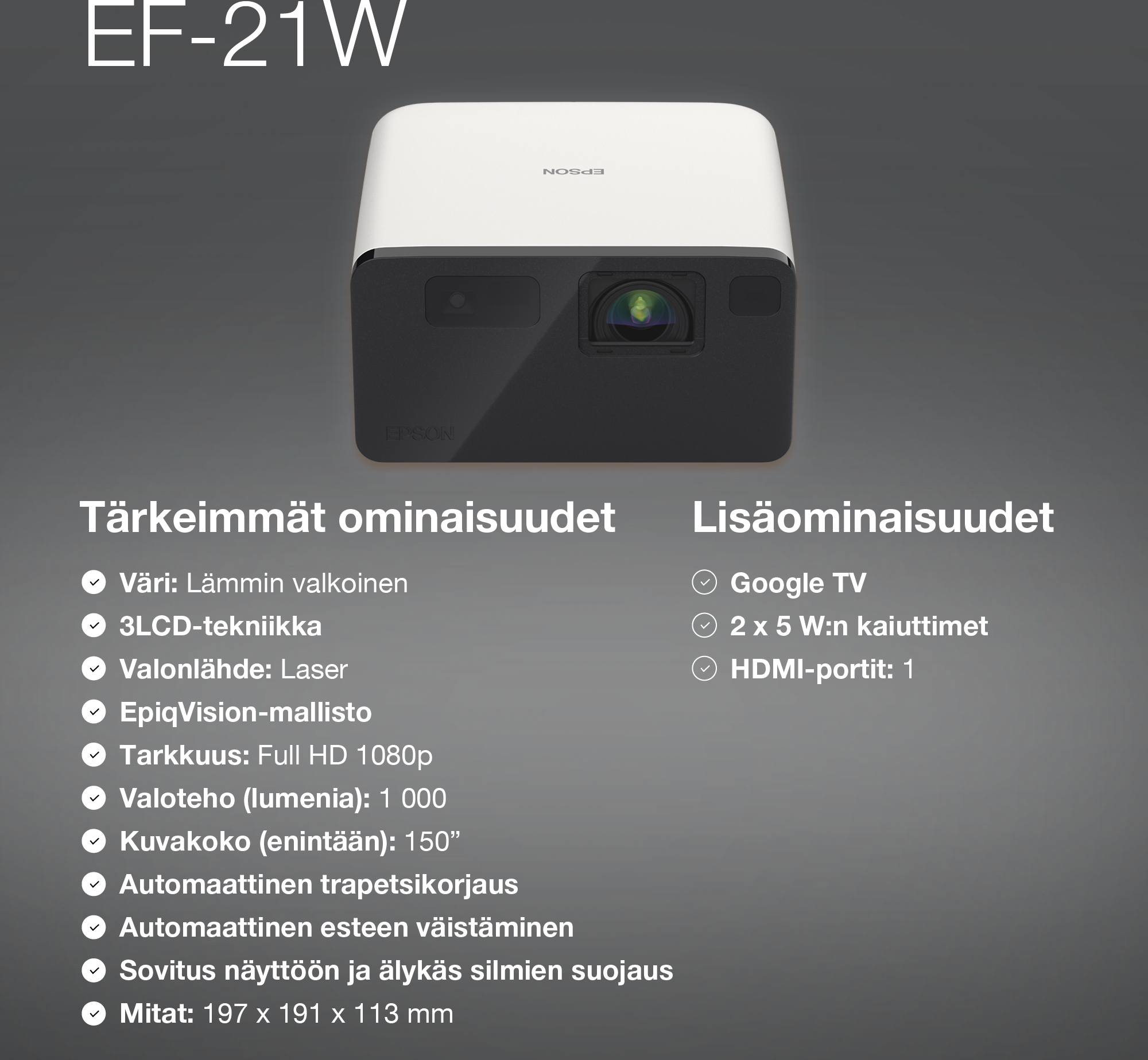 Epson EF-21W -minilaserprojektori-TV