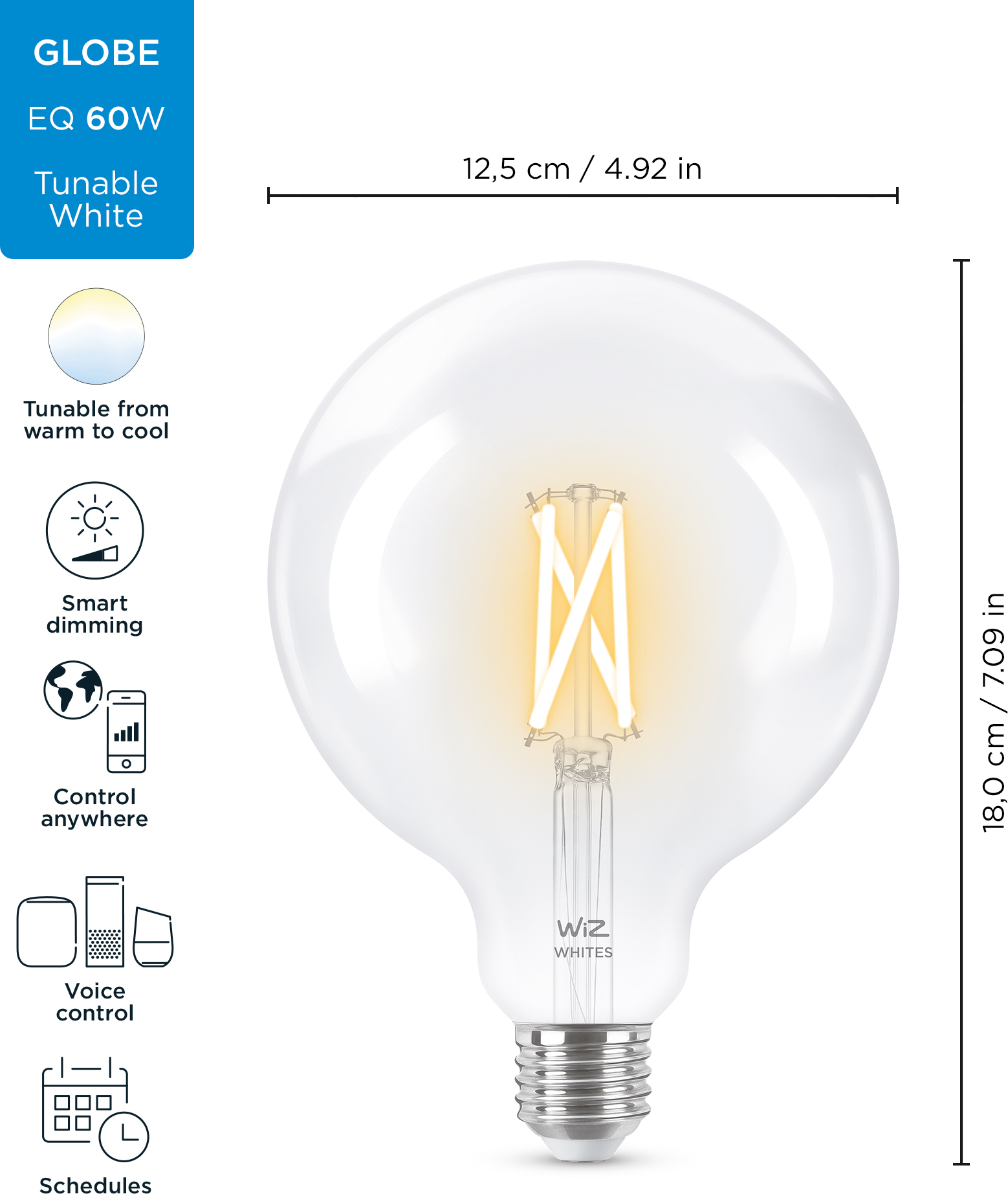 WiZ älylamppu globe, E27, kirkas lasi, tunable white - valkoisen valon sävyt, Wi-Fi, 2700-6500 K, 806 lm, 9 cm