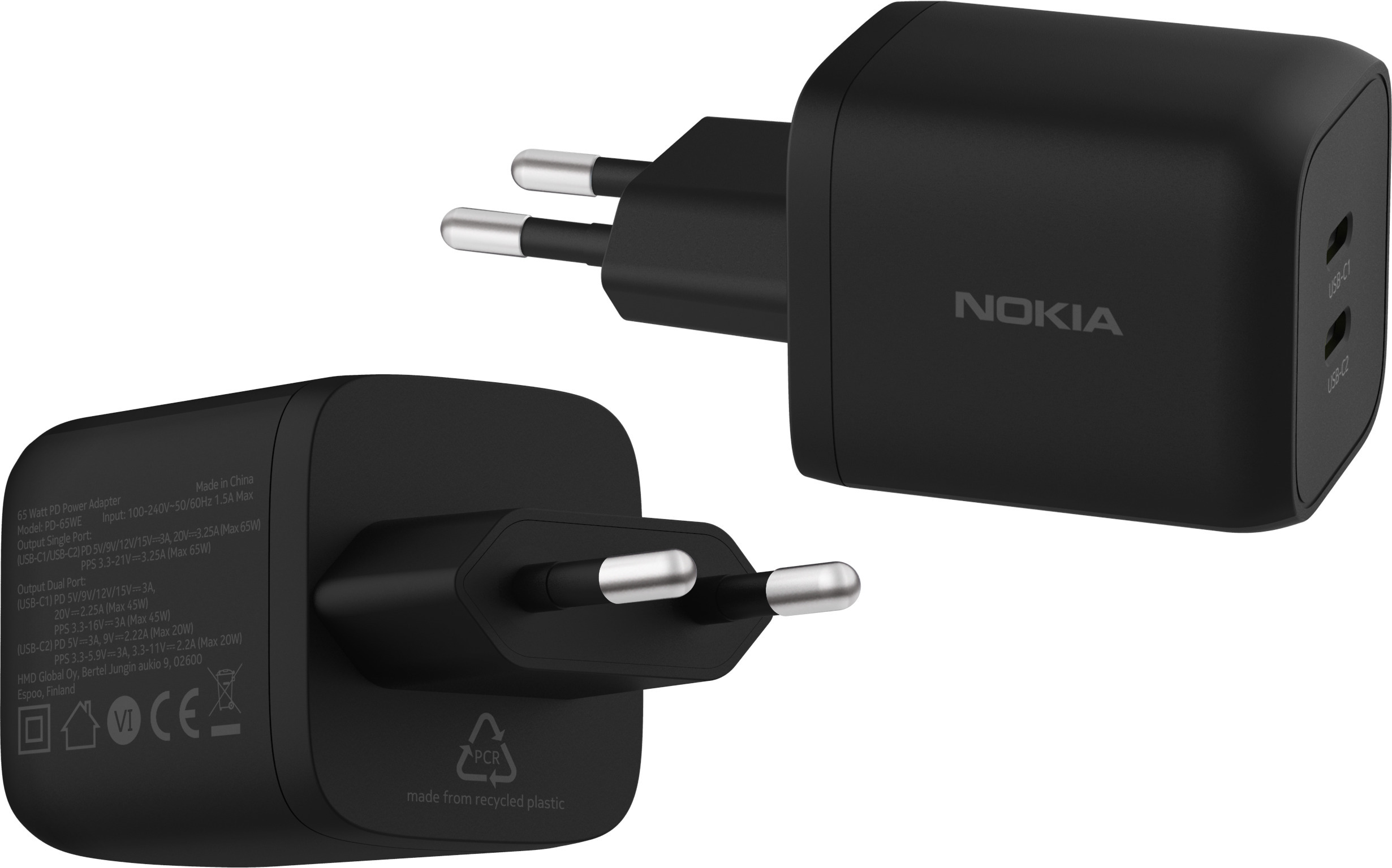 Nokia Dual Port Wall Charger PD-65W -verkkovirtalaturi, musta