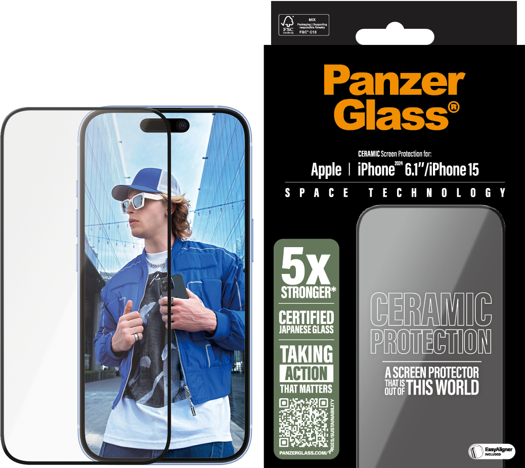 PanzerGlass Ultra-wide Fit Ceramic -panssarilasi, iPhone 16 / 15, musta
