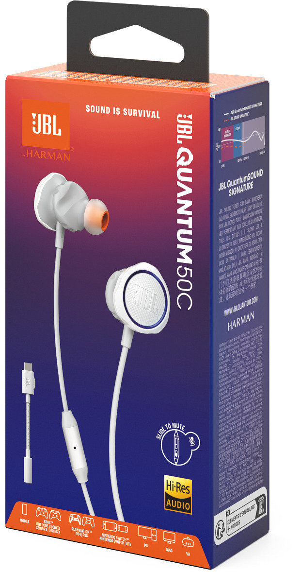 JBL Quantum 50C langallinen pelikuulokemikrofoni, in-ear, valkoinen