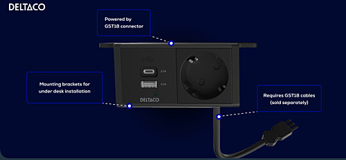 DELTACO virtapaneeli, 1 pistorasia, 1x21W A+C USB-laturi, GST18-liitäntä