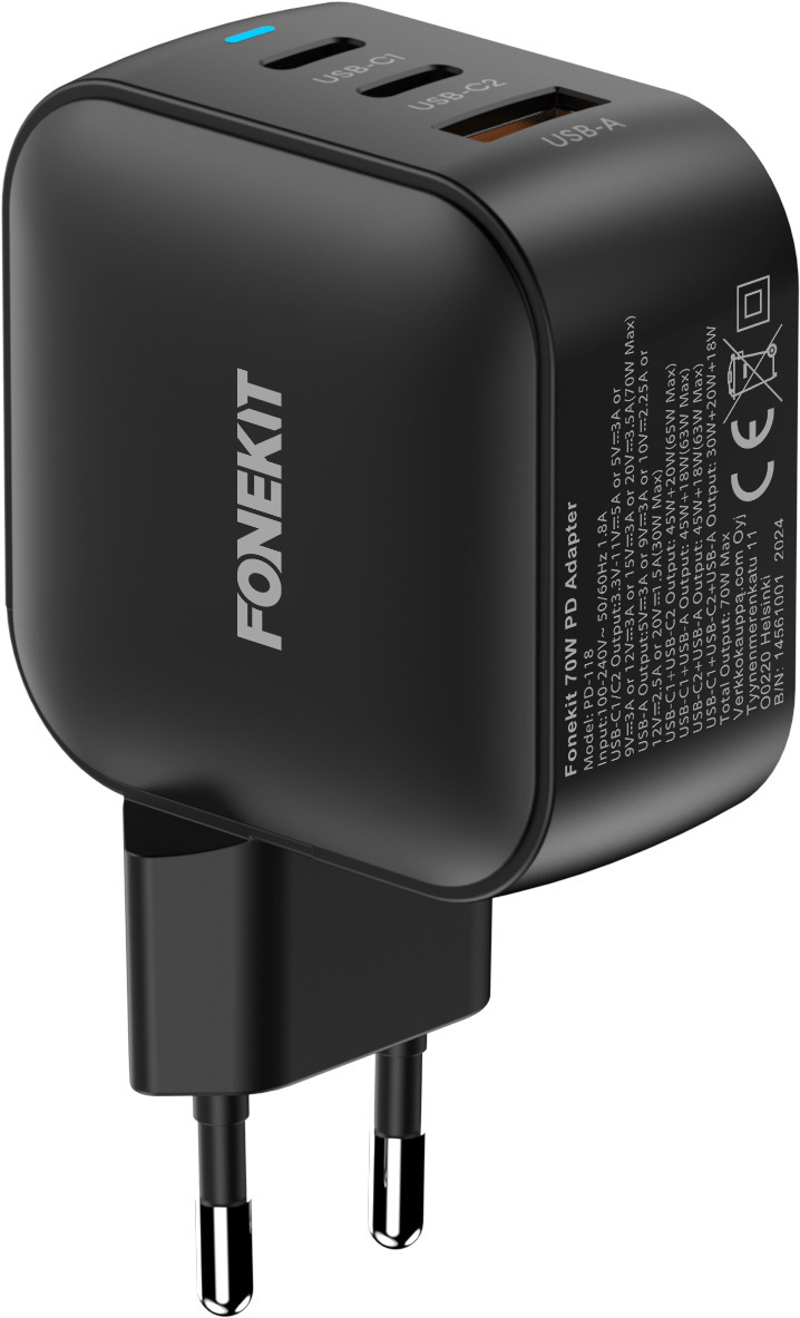 FoneKit GaN PD 70W -verkkovirtalaturi, USB-C + USB-C + USB-A, musta
