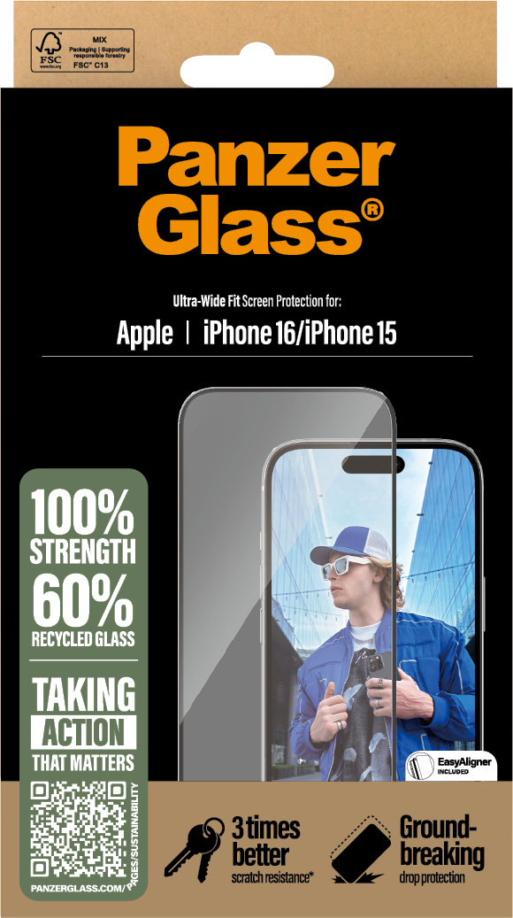 PanzerGlass Ultra-wide Fit with Aligner -panssarilasi, iPhone 16 / 15