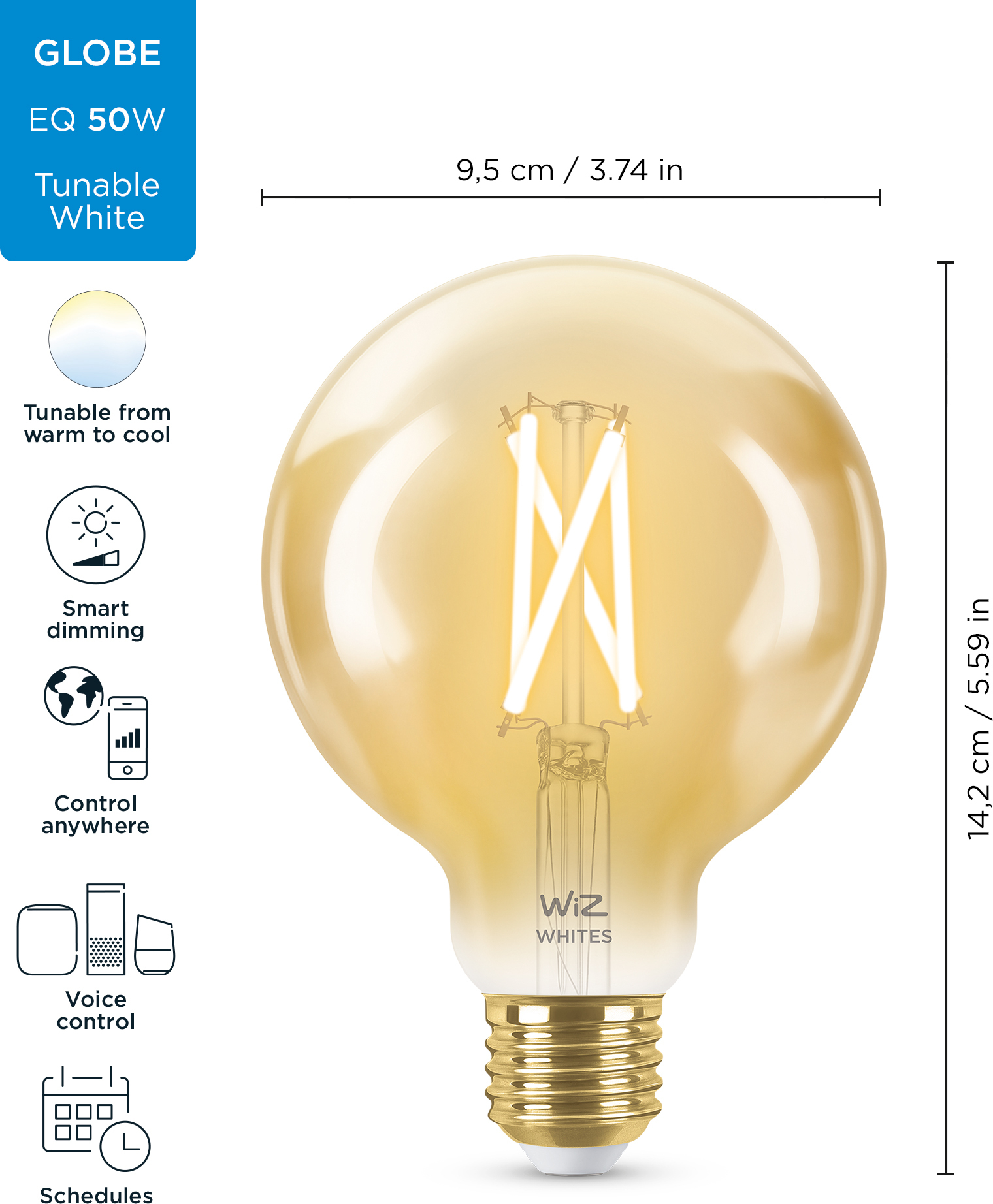 WiZ älylamppu, E14, meripihkan sävyinen lasi, tunable white - valkoisen valon sävyt, Wi-Fi, 2000-5000 K, 370 lm
