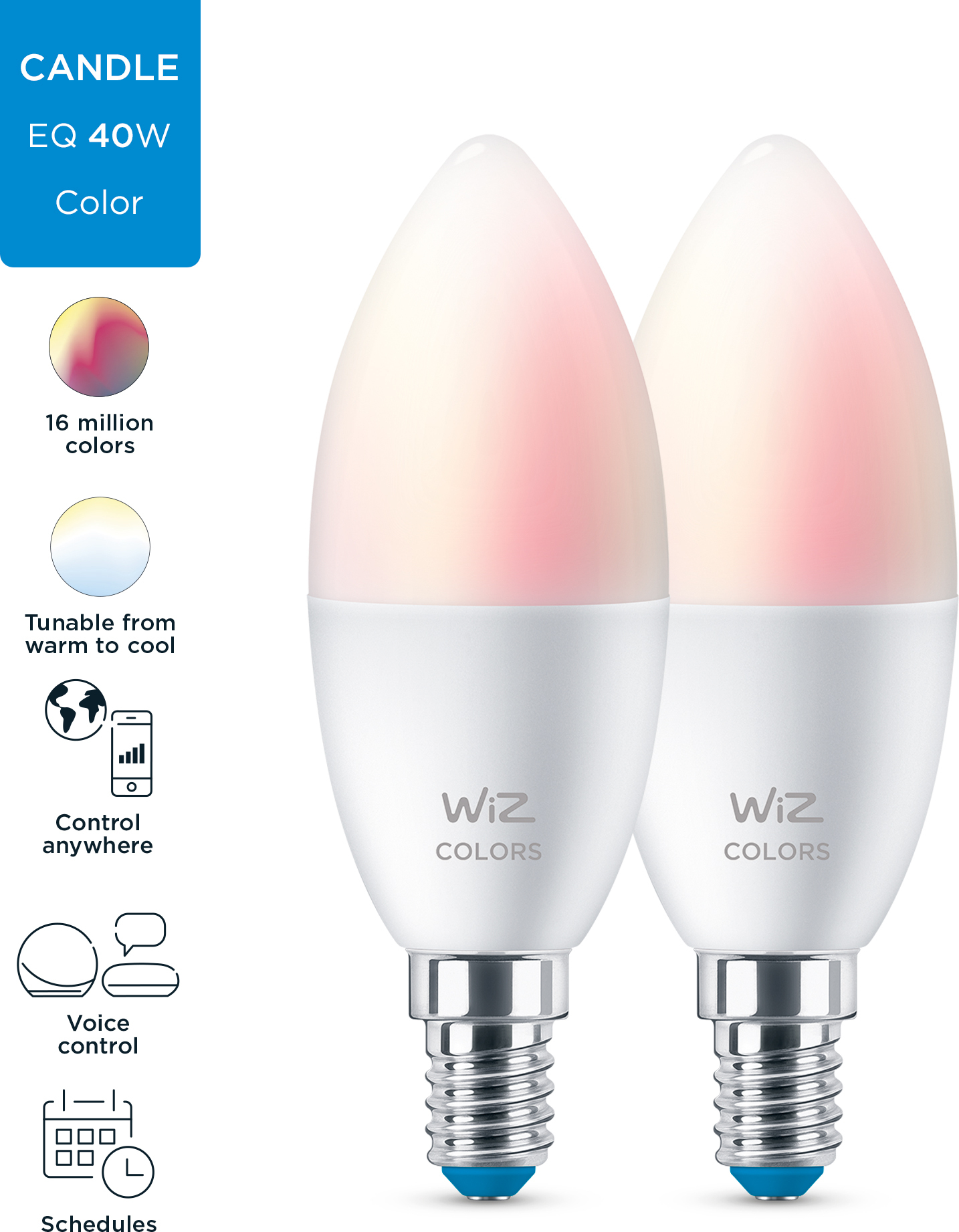 WiZ älylamppu, E14, RGBW - kaikki värit ja valkoisen valon sävyt, Wi-Fi, 470 lm, 2-pack