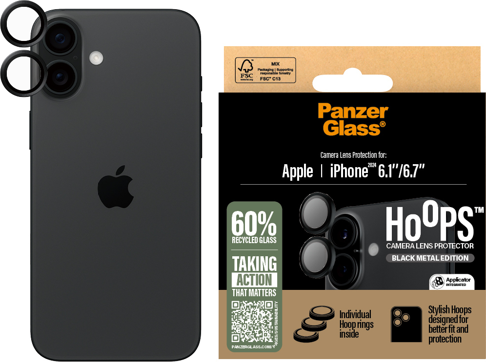 PanzerGlass Hoops -kameran linssinsuoja, iPhone 16 / 16 Plus, musta