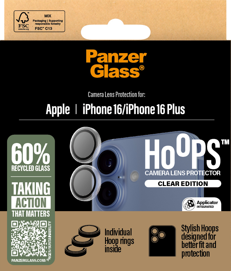 PanzerGlass Hoops -kameran linssinsuoja, iPhone 16 / 16 Plus, läpinäkyvä