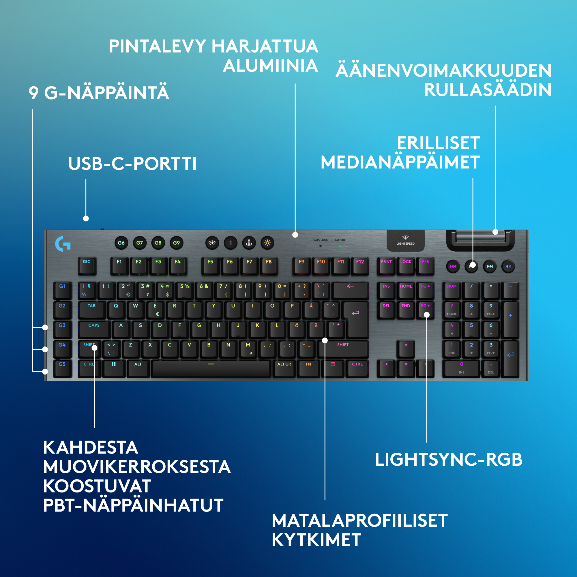 Logitech G915 X -matalaprofiilinen langallinen pelinäppäimistö, Tactile-kytkimet, musta