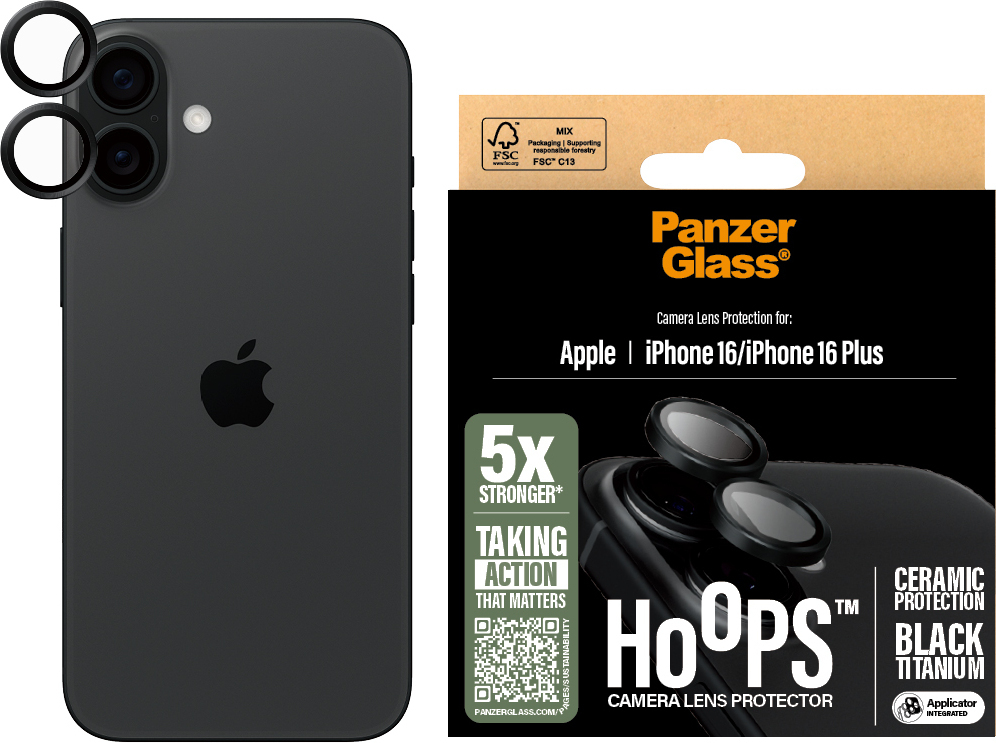 PanzerGlass Hoops -keraaminen kameran linssinsuoja, iPhone 16 / 16 Plus, musta titaani