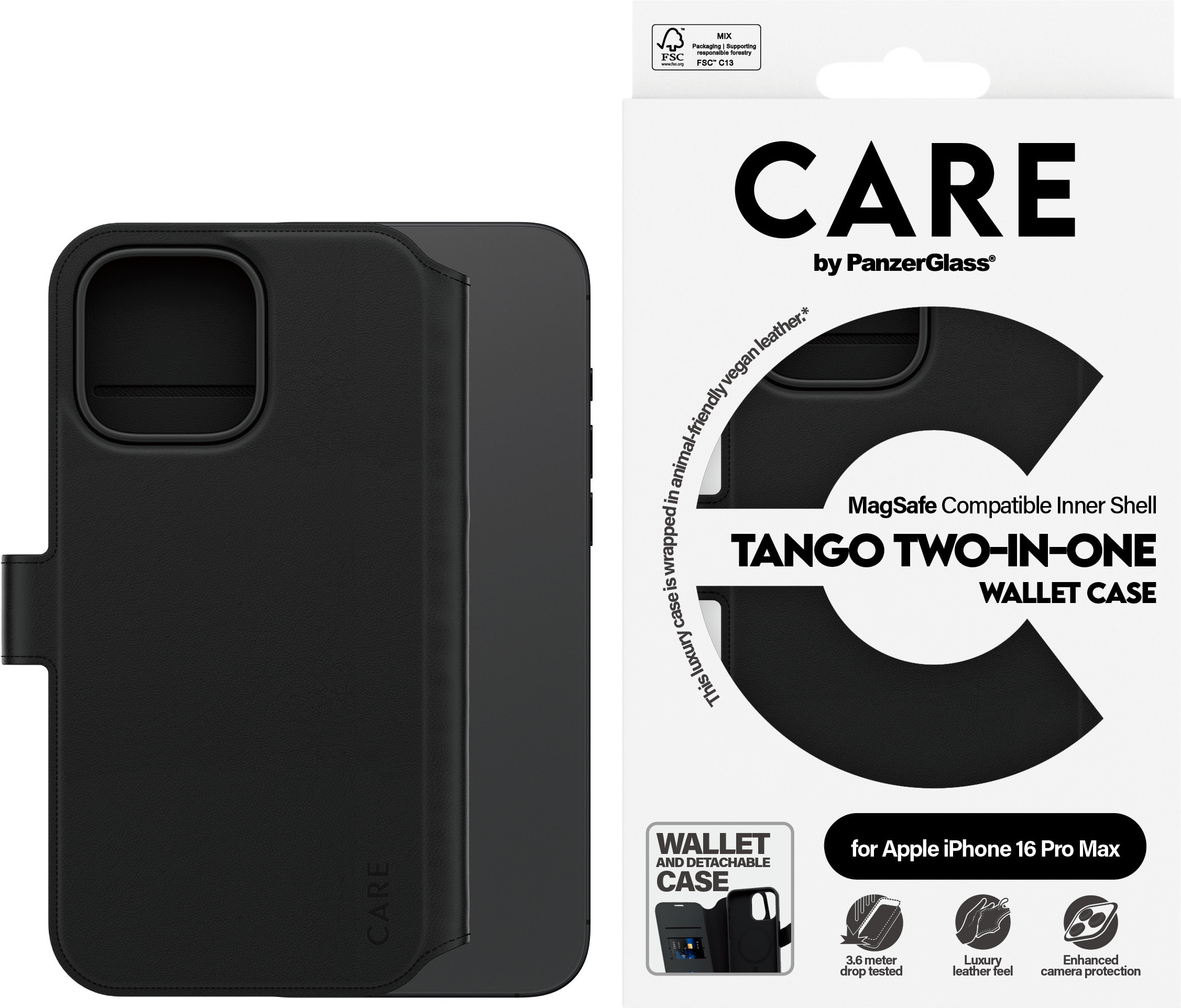 CARE by PanzerGlass Tango Two-in-One Wallet Case MagSafe-yhteensopiva -lompakkokotelo, Apple iPhone 16 Pro Max, musta