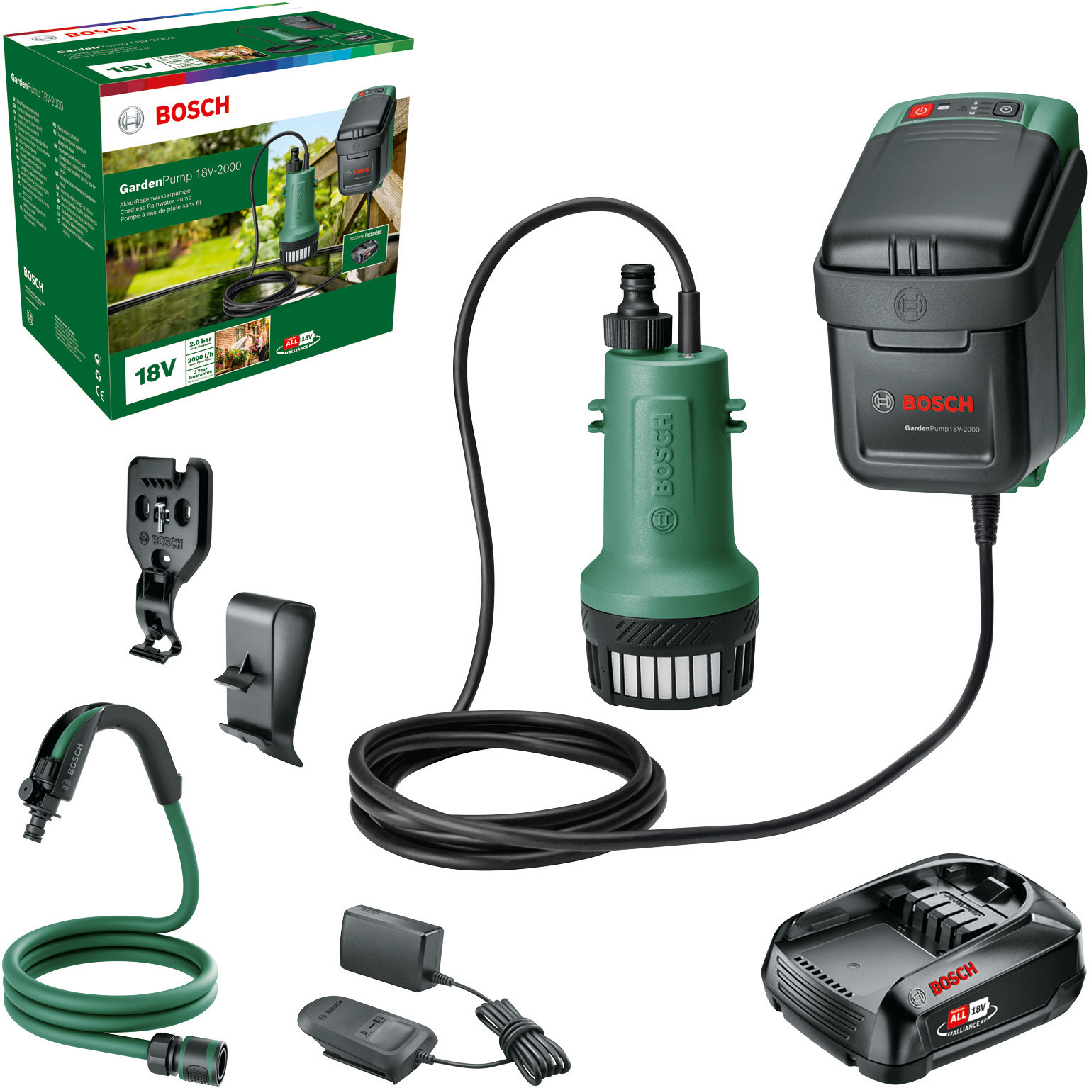 Bosch GardenPump 18V2000 akkusadevesipumppu, 2,5 Ah akulla