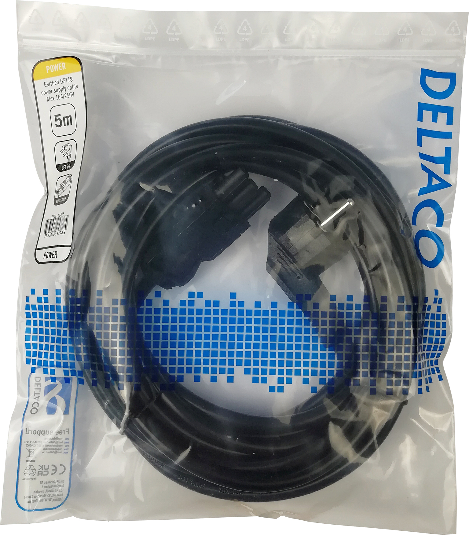 DELTACO CEE 7/7 - GST18 naaras, maadoitettu, 5m, musta