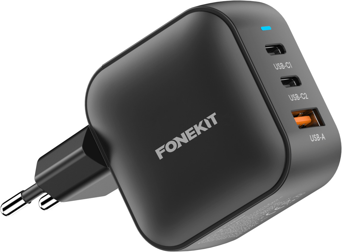 FoneKit GaN PD 70W -verkkovirtalaturi, USB-C + USB-C + USB-A, musta