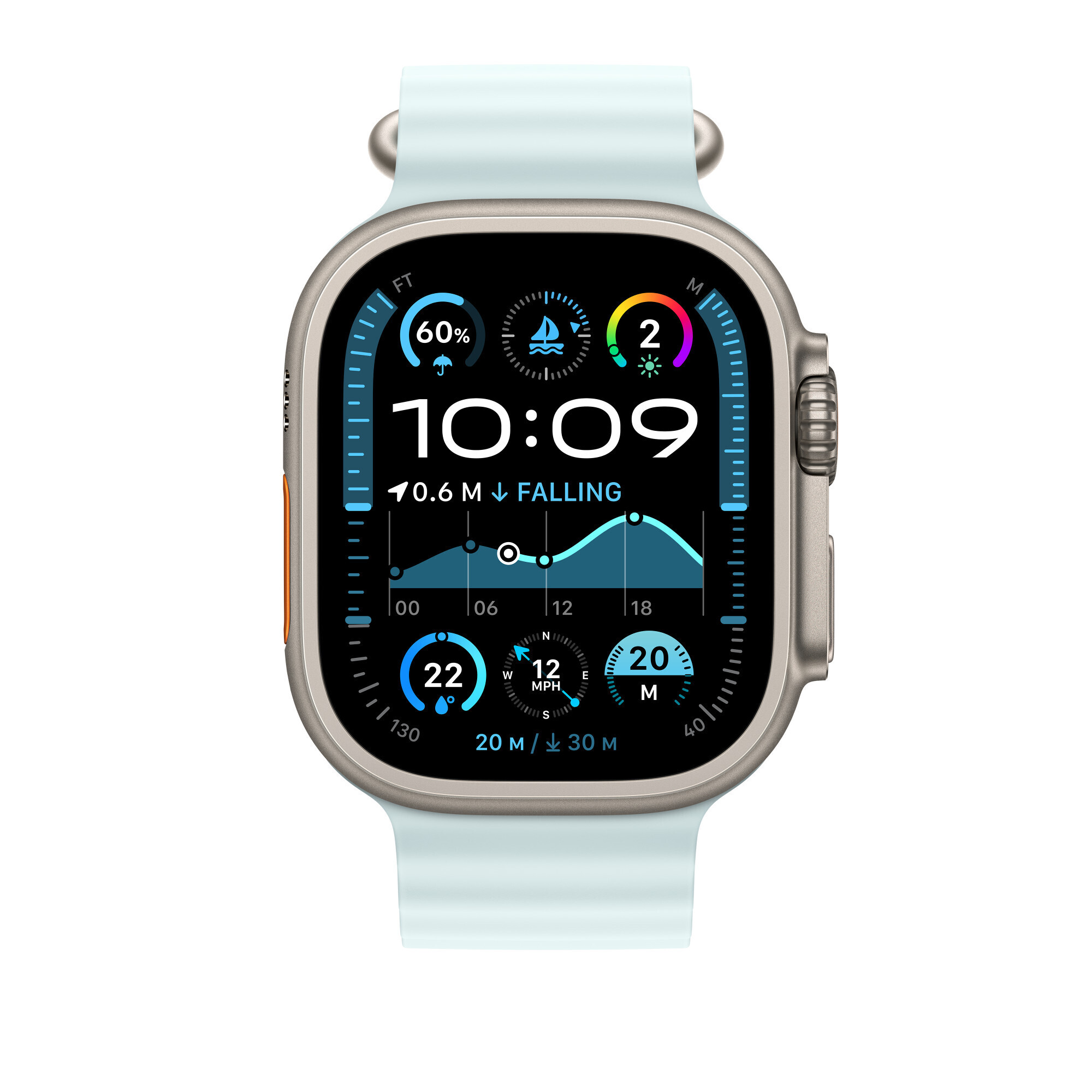 Apple Watch 49 mm jäänsininen Ocean-ranneke, luonnontitaani